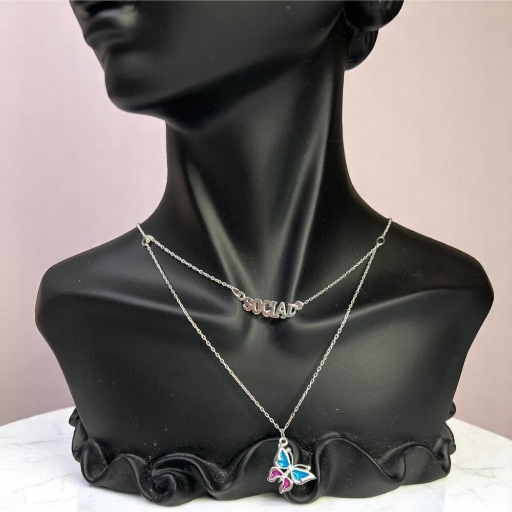 Silver Layered Necklace With Social Text & Butterfly Pendant Womens Jewelry